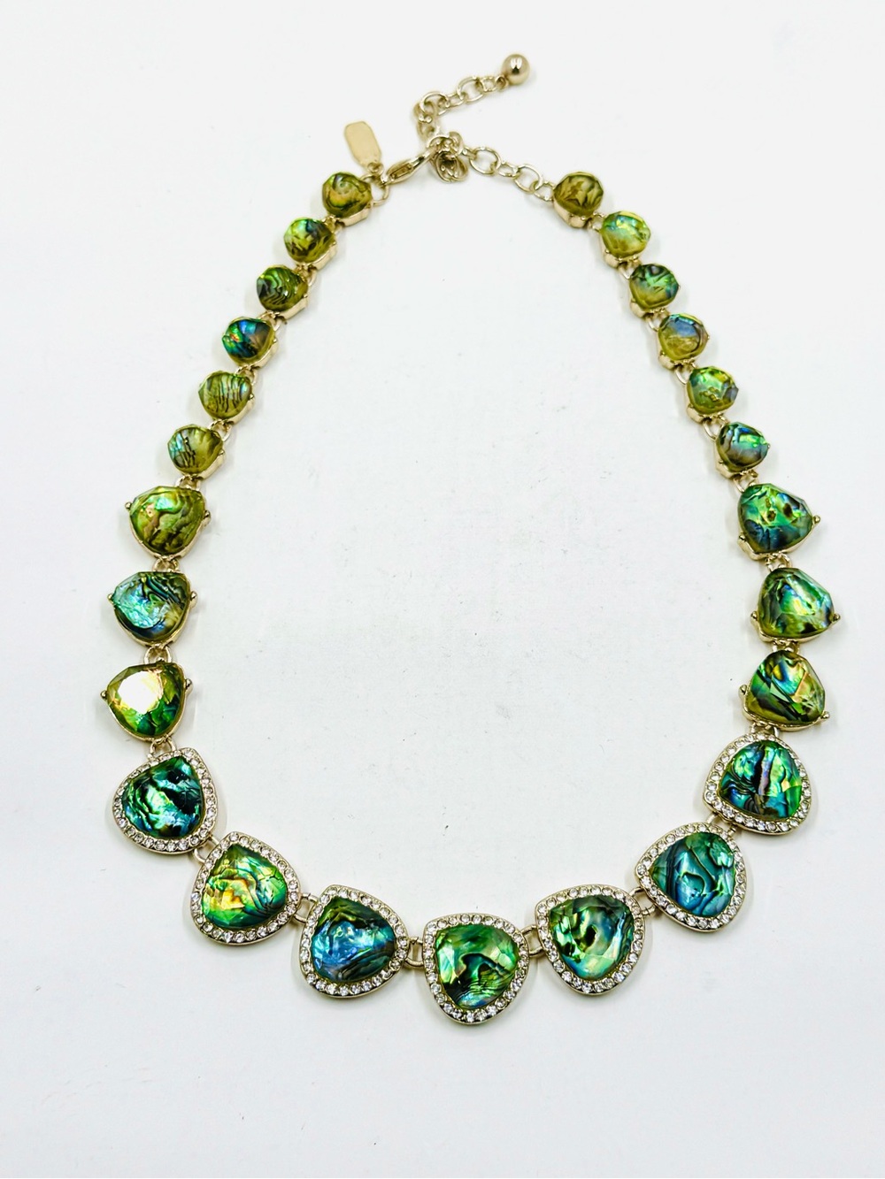 Natasha Gold Tone Iridescent Green Abalone &Clear Crystal Collar Necklace 16-19”